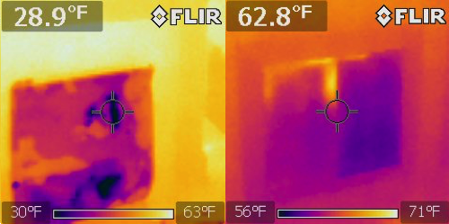 Fireplace without and with door infrared image
